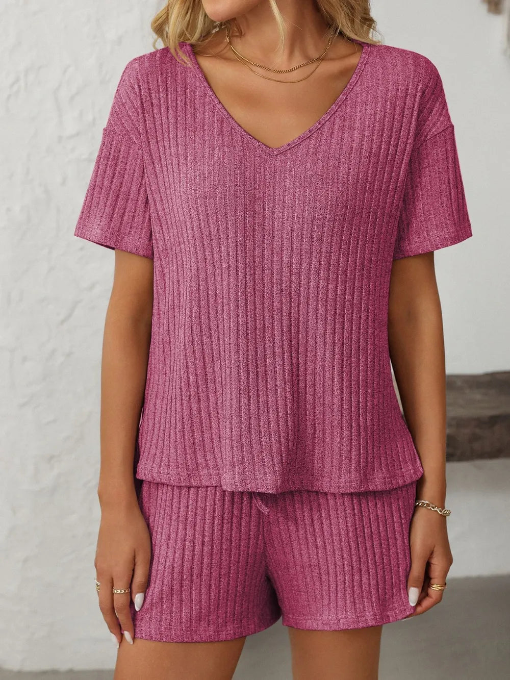 Sarah Express Women's V-Neck Short Sleeve Top and Shorts Set - Two Piece Lounge Set Red-Violet