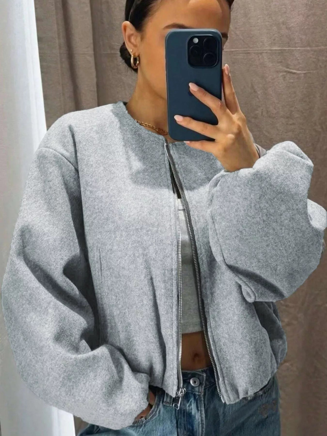 Sarah Express Women's Plus Size Casual Fleece Zip-Up Bomber Jacket Gray