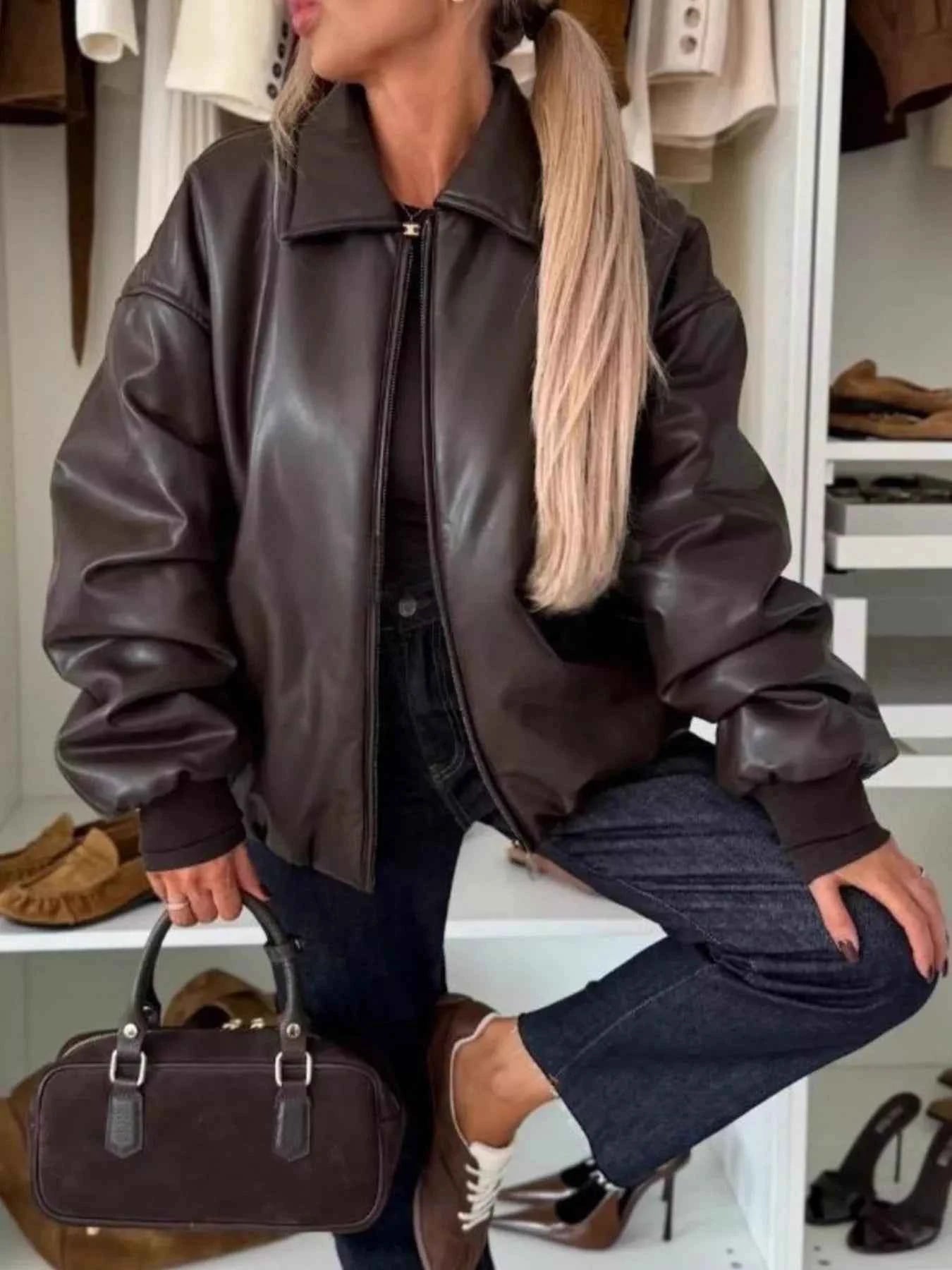 Sarah Express Women's Zip Up Dropped Shoulder Jacket - Pocketed Lightweight Outerwear