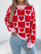 Sarah Express Women's Heart Checkerboard Pattern Round Neck Sweater