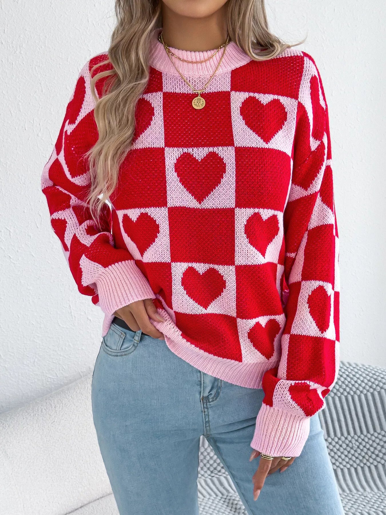 Sarah Express Women's Heart Checkerboard Pattern Round Neck Sweater