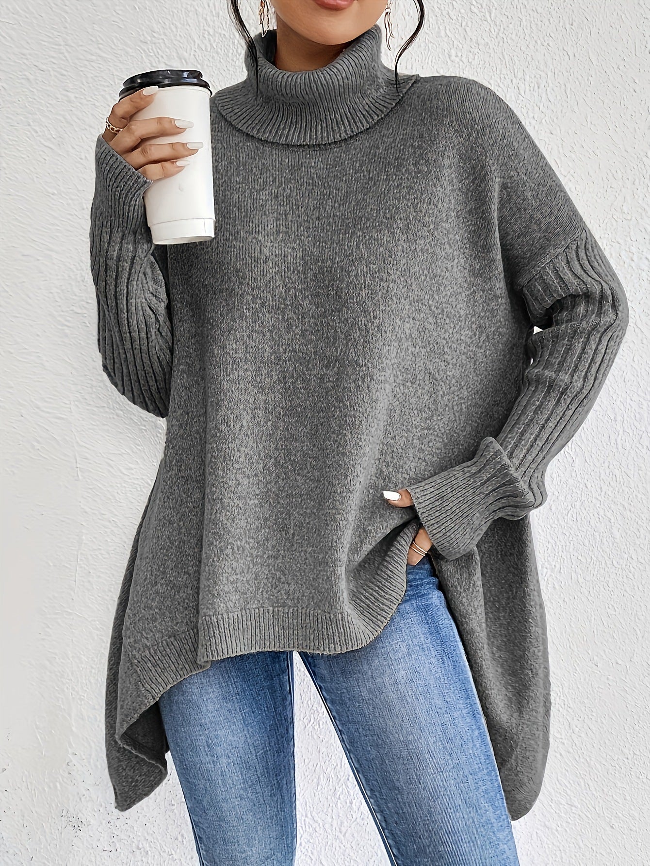 Sarah Express Women's Irregular Turtleneck Sweater - Loose Knit Long Sleeve Pullover Grey