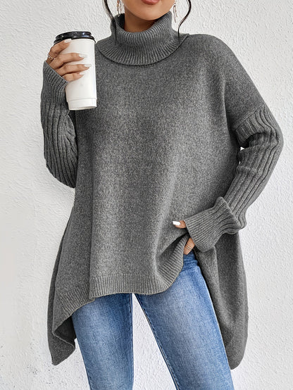 Sarah Express Women's Irregular Turtleneck Sweater - Loose Knit Long Sleeve Pullover Grey