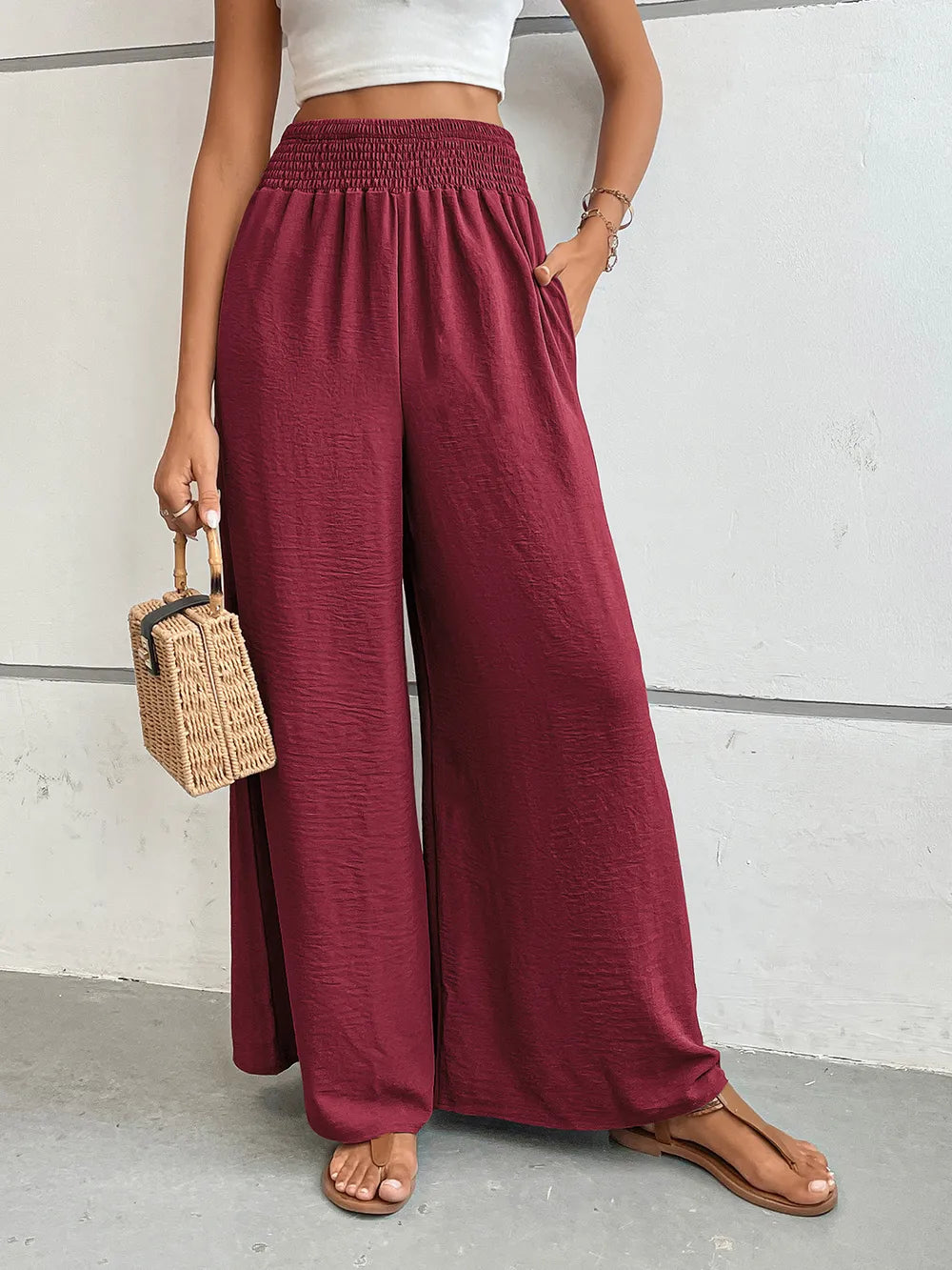 Sarah Express Women's Wide Leg Pants with Pockets - Perfee Burgundy