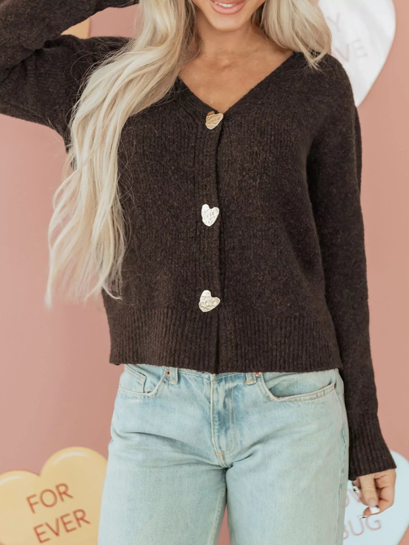 Sarah Express Women's Heart Metal Button V Neck Cardigan Sweater