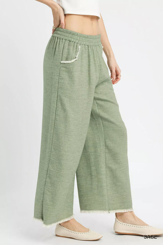 Sarah Express Women's Wide Leg Pants with Frayed Hem - Elastic Waist Gauze Cotton Palazzo Pants