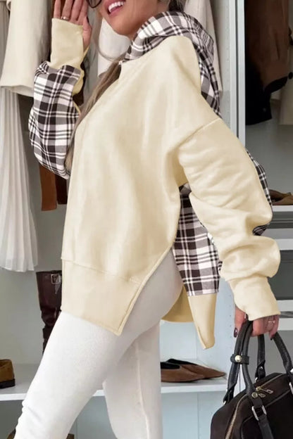 Sarah Express Women's Plaid Side Slit Long Sleeve Hoodie