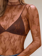 Sarah Express Women's Floral Mock Neck Long Sleeve Mesh Top