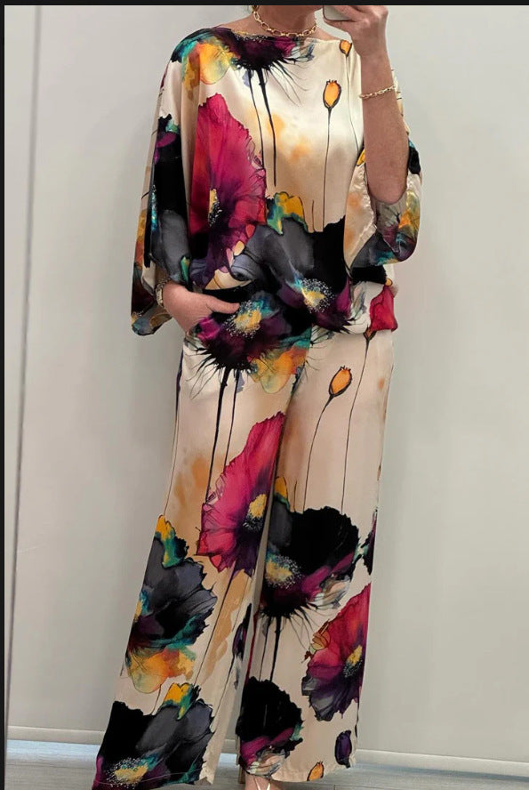 Sarah Express Women's Printed Satin Two-Piece Suit Bell Sleeve Top and Pants Set