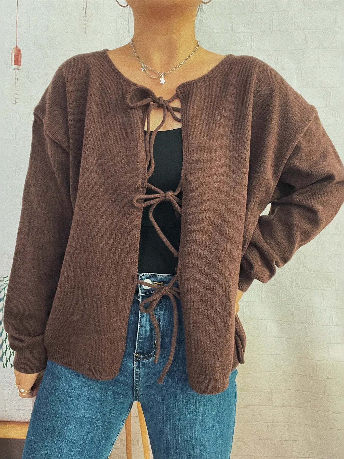 Sarah Express Women's Tie Front Drop Shoulder Cardigan Brown One Size