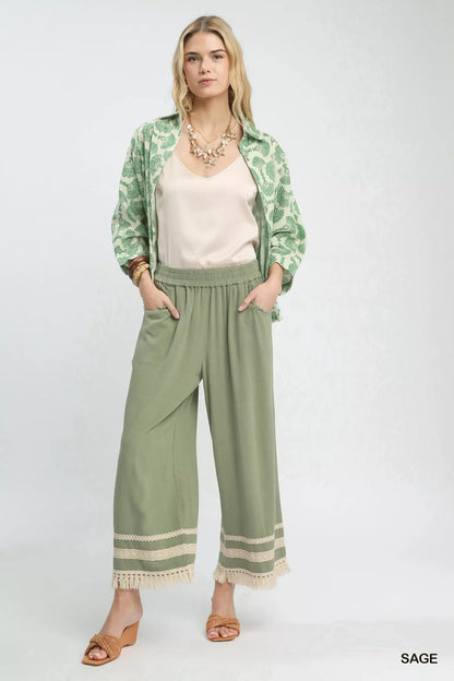 Sarah Express Women's Lace Trim Fringe Hem Wide Leg Linen Pants