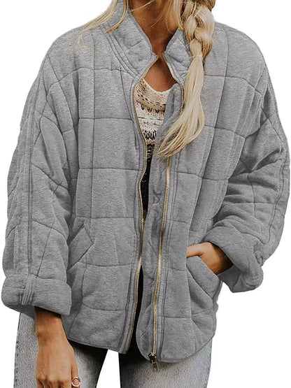 Sarah Express Women's Quilted Zip Up Jacket Light Gray