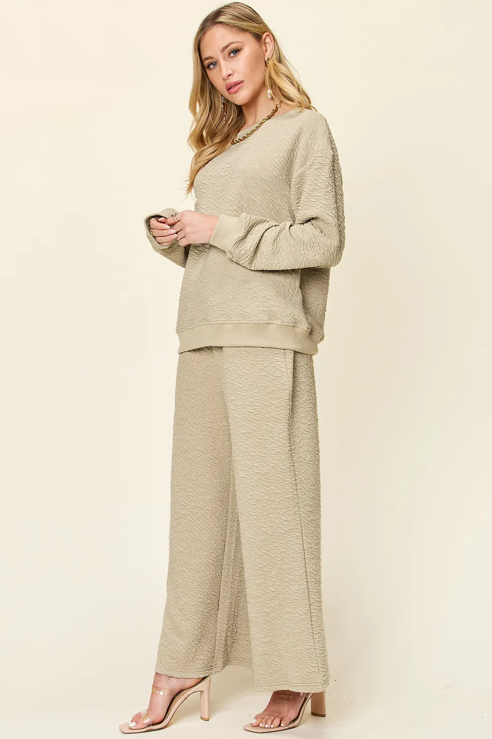 Sarah Express Women's Textured Long Sleeve Top and Pants Lounge Set