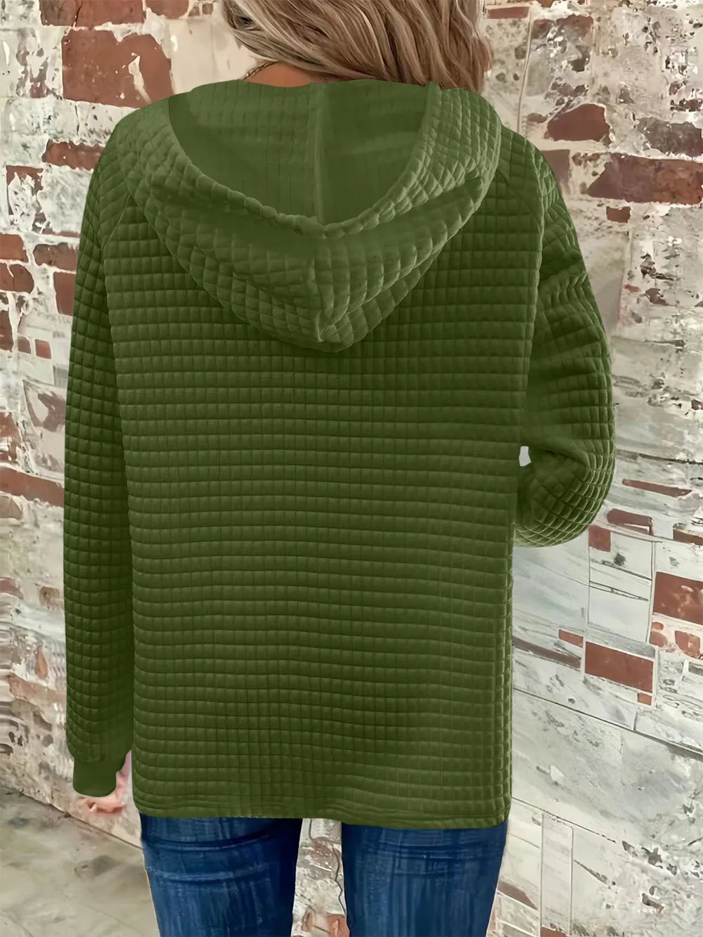 Sarah Express Women's Textured Button Detail Drawstring Long Sleeve Hoodie