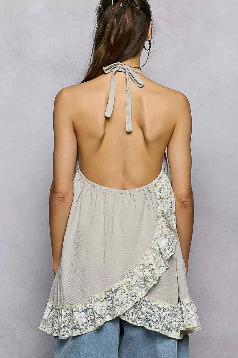 Sarah Express Women's Lace Ruffle Halter Neck Top - Double Gauze Crochet Patch Sleeveless Blouse