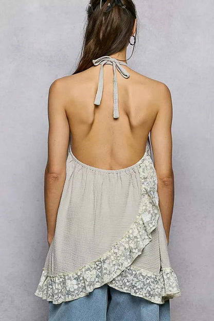 Sarah Express Women's Lace Ruffle Halter Neck Top - Double Gauze Crochet Patch Sleeveless Blouse