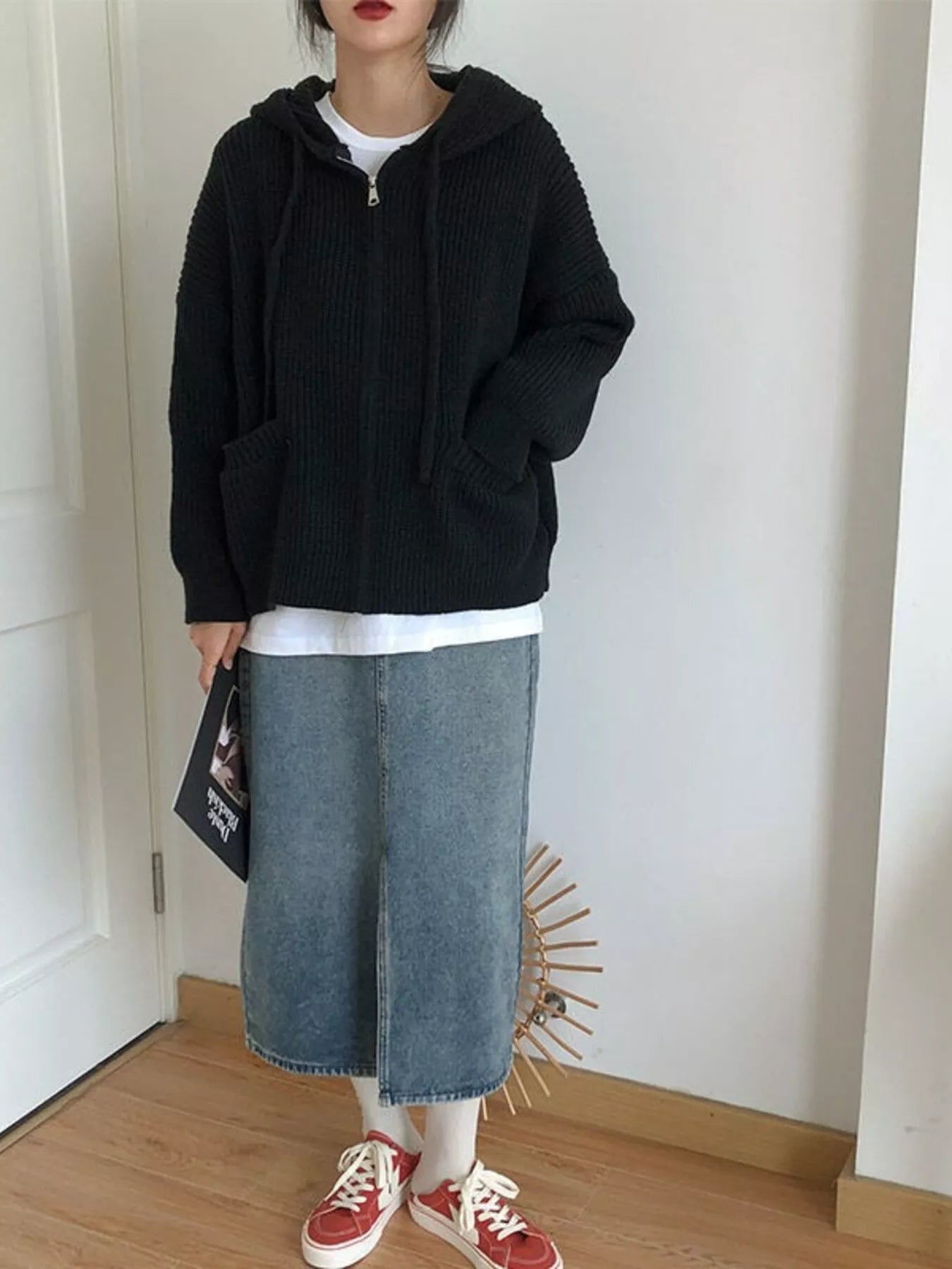 Sarah Express Women's Casual Knitted Zip-Up Hooded Cardigan