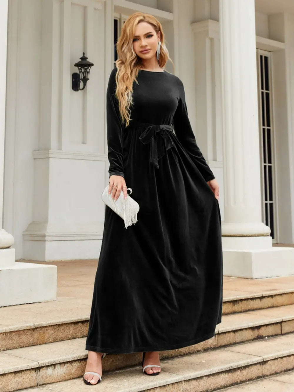 Sarah Express Women's Tie Front Round Neck Long Sleeve Maxi Dress - Fall/Winter Casual Dress