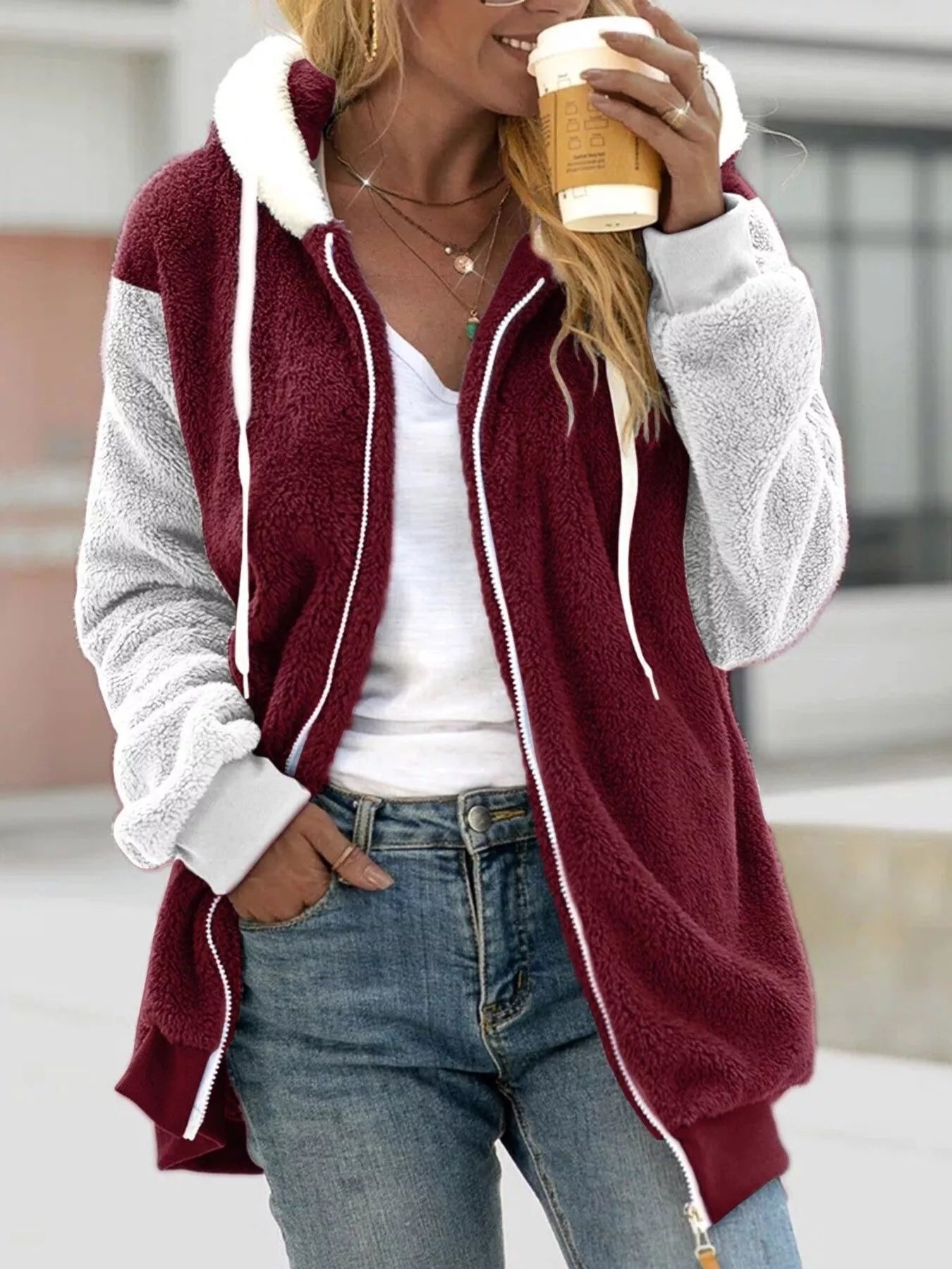 Sarah Express Women's Fleece Zip-Up Hooded Jacket Red