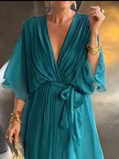 Sarah Express Women's Flowy Tie Front Midi Dress with Flutter Sleeves