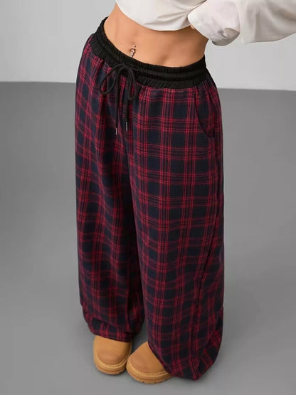 Sarah Express Women's Plaid Wide Leg Pants with Drawstring and Pockets