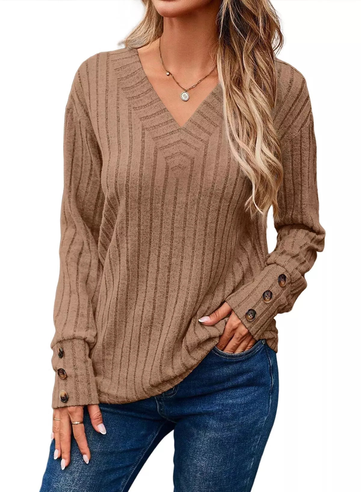 Sarah Express Women's Ribbed Knit V-Neck Top with Decorative Buttons Camel