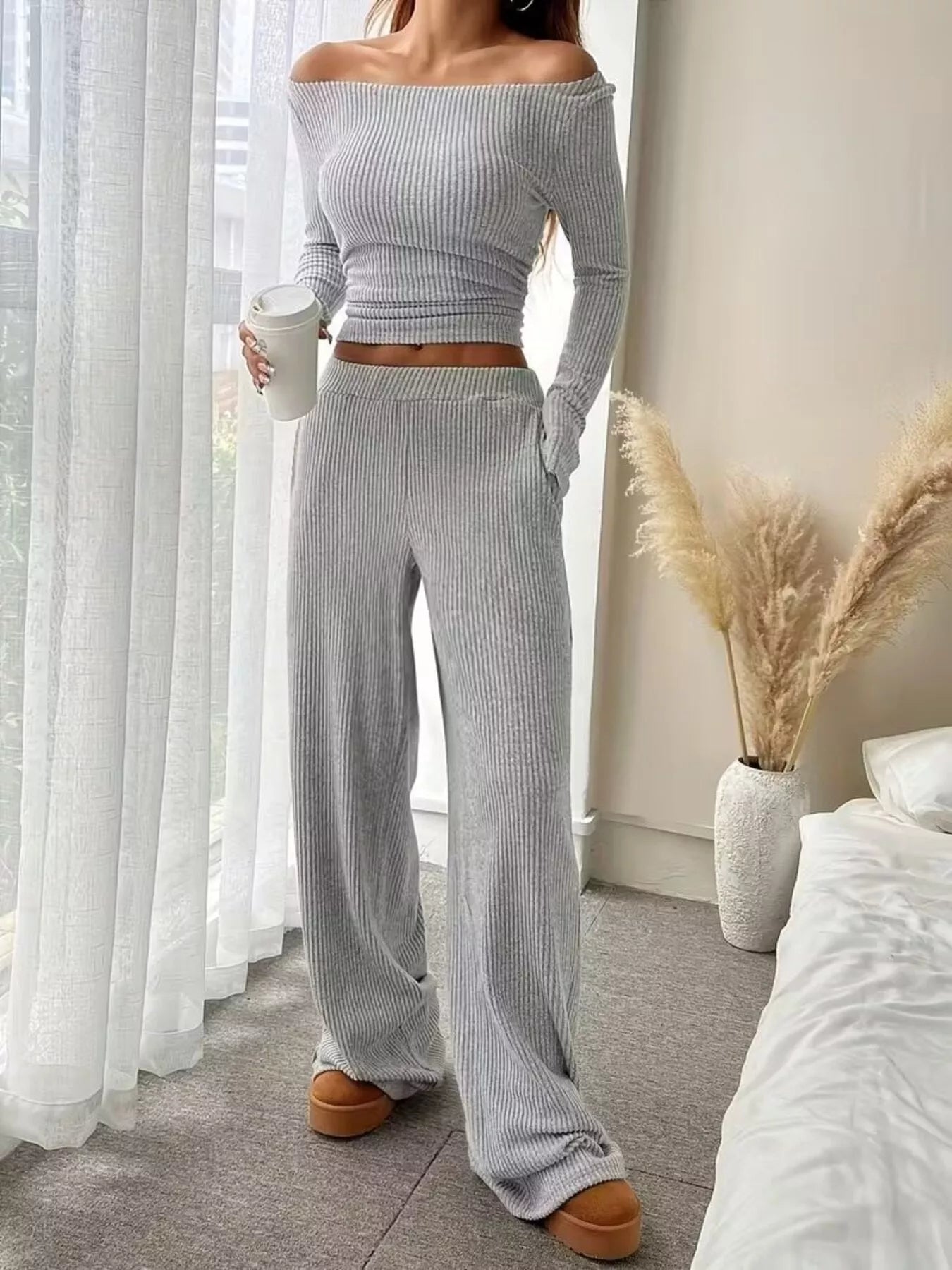 Sarah Express Women's Ribbed Knit Boat Neck Top and Pants Set Light Gray