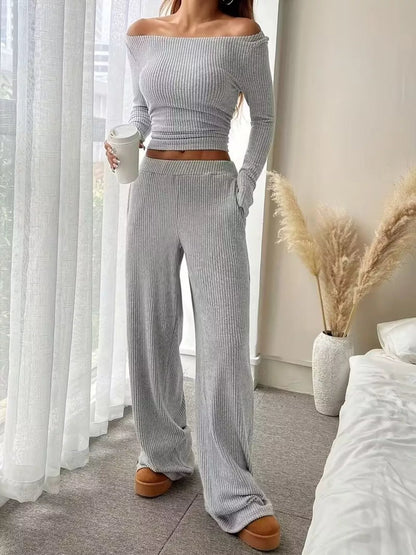 Sarah Express Women's Ribbed Knit Boat Neck Top and Pants Set Light Gray