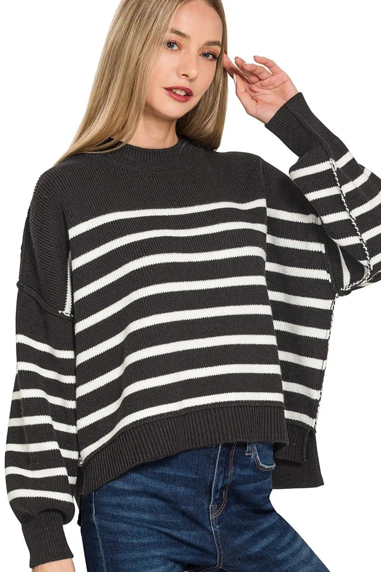 Exposed Seam Striped Oversized Sweater