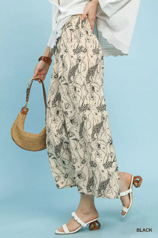 Sarah Express Women's Two Tone Floral Print Wide Leg Pants with Pockets - Elastic Waist Pleated Palazzo Pants