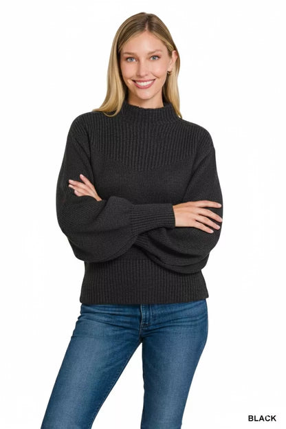 Sarah Express Women's Balloon Sleeve Mock Neck Sweater - Trendy Cozy Knitwear BLACK