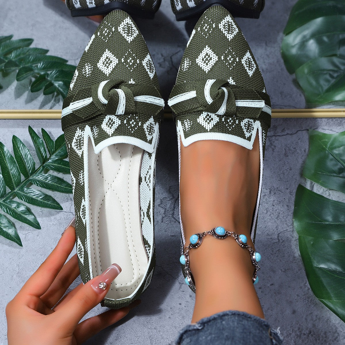 Sarah Express Bow-Tie Loafers | Breathable Mesh Slip-On Pointed Toe Flats Army Green Square
