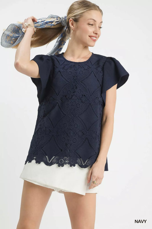 Sarah Express Women's Floral Lace Overlay Flutter Sleeve Top - Romantic Feminine Blouse NAVY
