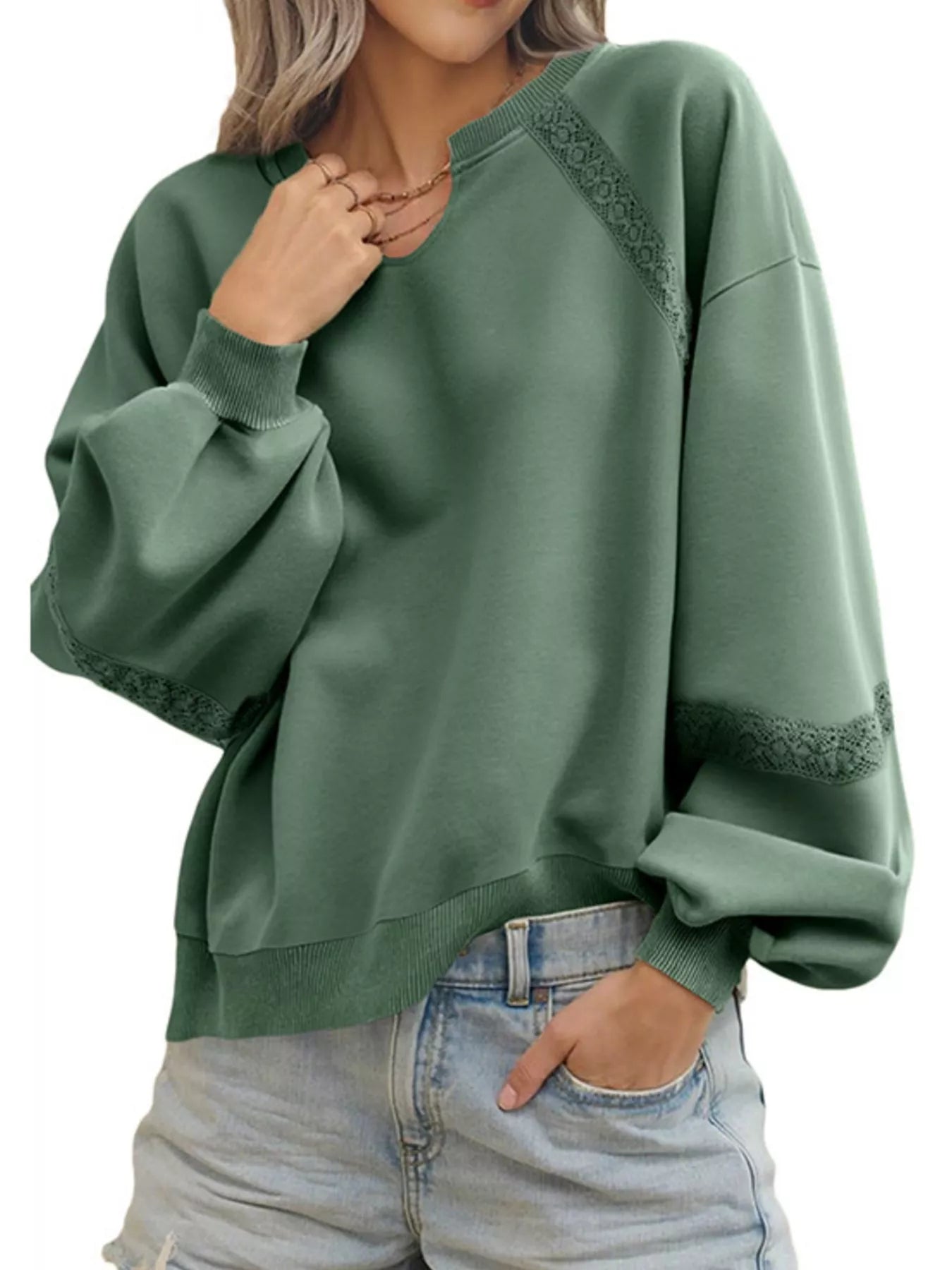 Sarah Express Women's Lace Detail Notched Long Sleeve Sweatshirt - Oversized Casual Pullover Green