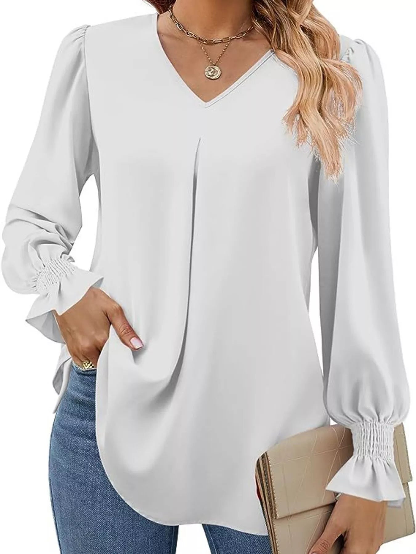 Sarah Express Women's V-Neck Long Sleeve Ruffle Cuff Blouse