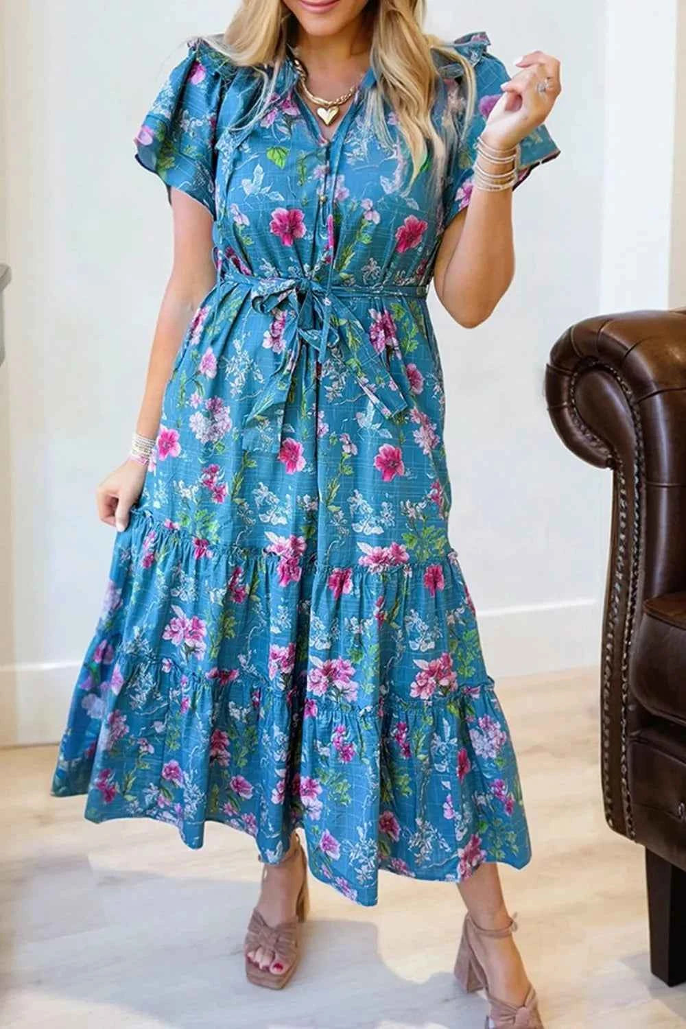 Sarah Express Women's Floral Flutter Sleeve Belted Maxi Dress - Cotton Button Front Split Neck Dress