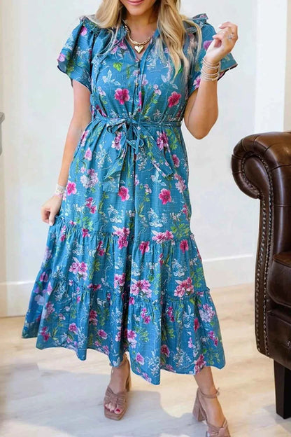 Sarah Express Women's Floral Flutter Sleeve Belted Maxi Dress - Cotton Button Front Split Neck Dress