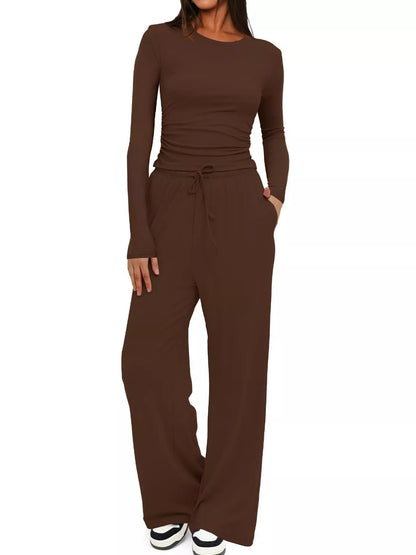 Sarah Express Women's Round Neck Long Sleeve Top and Pants Set Brown