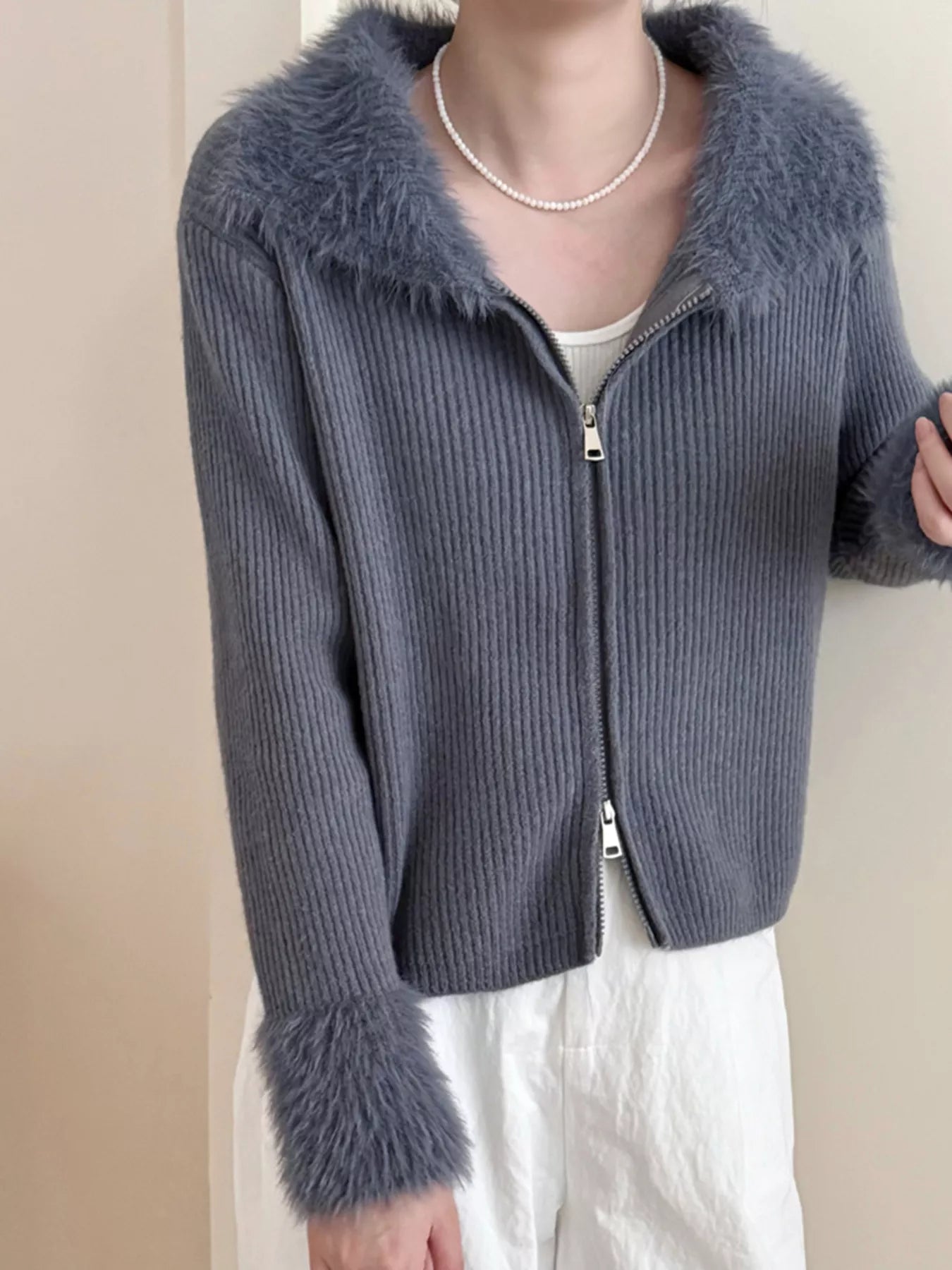 Sarah Express Women's Fluffy Trim Zip-Up Cardigan