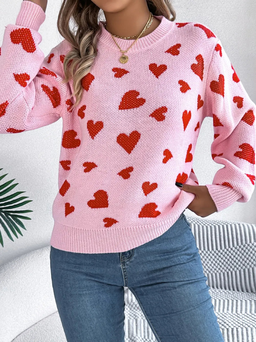 Sarah Express Women's Heart Round Neck Long Sleeve Sweater