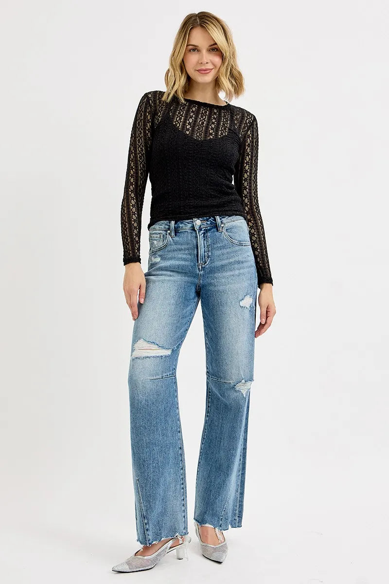 Sarah Express Women’s Plus Size Mid Rise Wide Leg Tie-Washed Jeans
