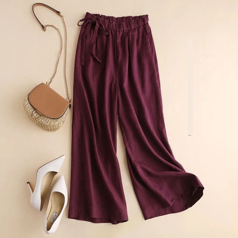 Sarah Express High Waist Lace-Up Cropped Pants Women's Elastic Waist Retro Cotton Casual Bottoms