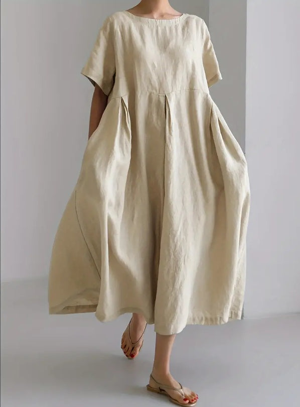 Sarah Express Cotton Linen Fitted Dress Short Sleeve Crew Neck with Pockets