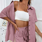 Sarah Express Women's Two-Piece Shirt & Shorts Set - Solid Color Cotton Coordinated Suit