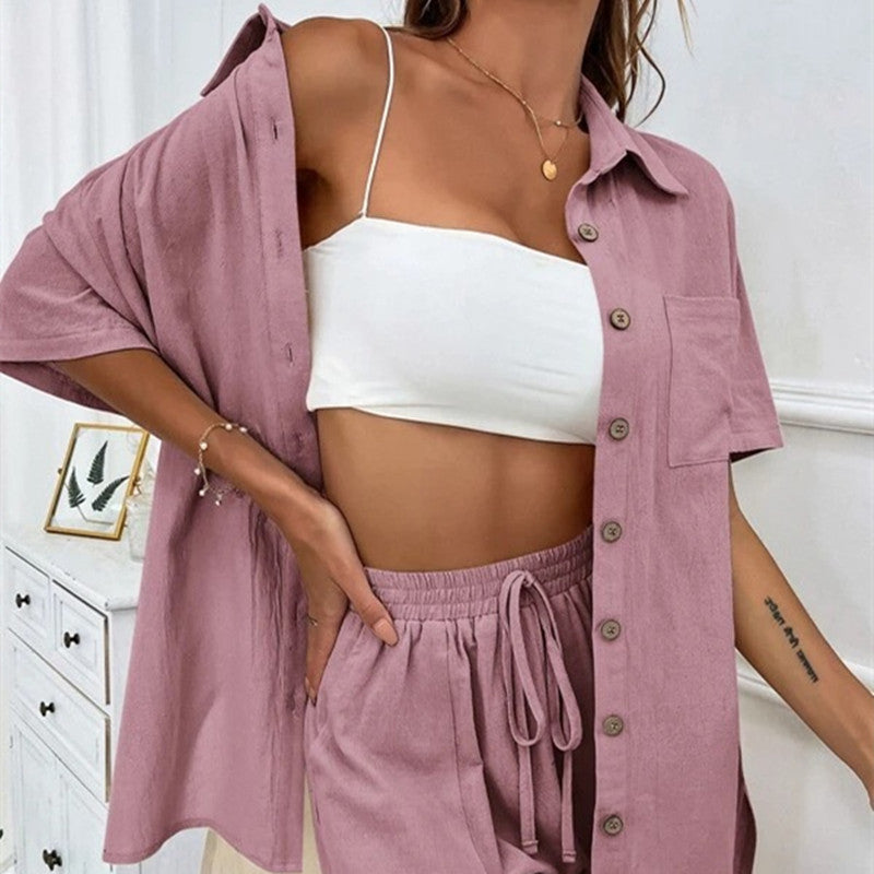 Sarah Express Women's Two-Piece Shirt & Shorts Set - Solid Color Cotton Coordinated Suit