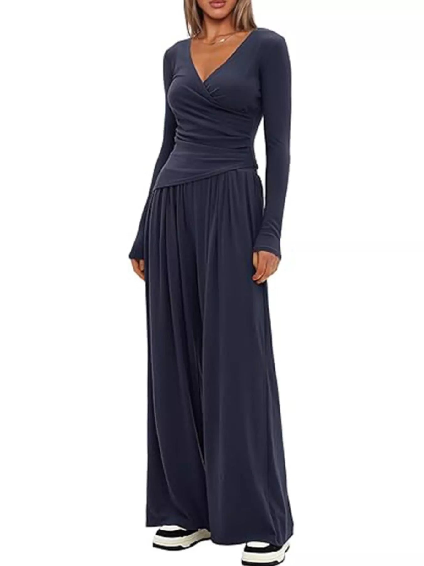 Sarah Express Women's Long Sleeve Top and Wide Leg Pants Set
