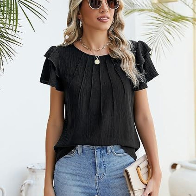 Sarah Express Women's Pleated Round Neck Blouse Short Sleeve Professional Work Top