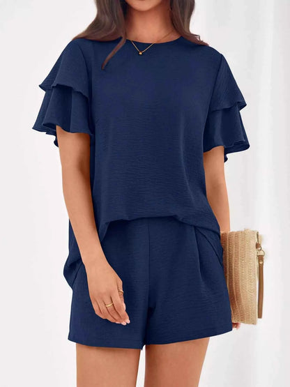 Sarah Express Women's Ruffle Sleeve Top and Shorts Two-Piece Set - Casual Summer Outfit