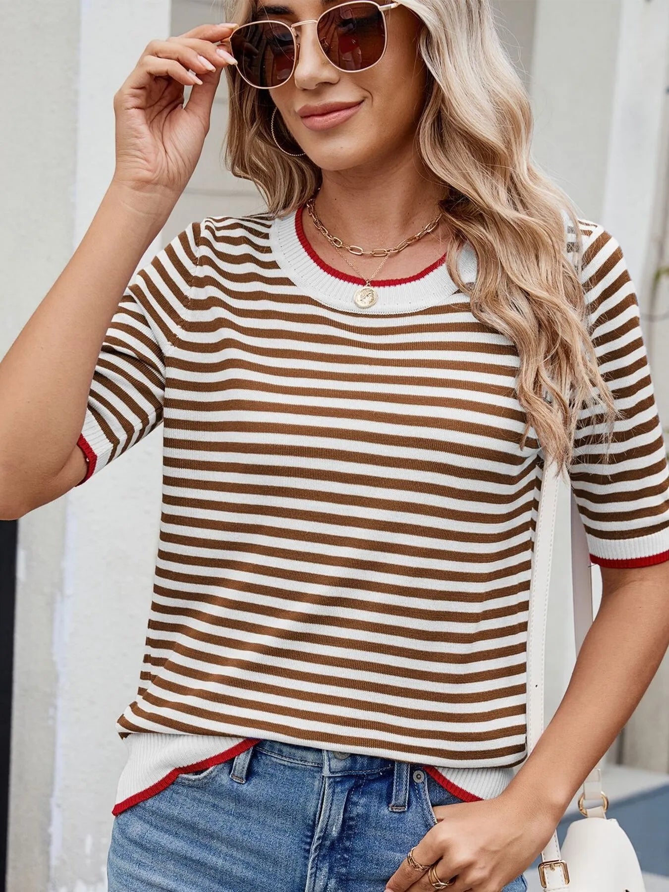 Sarah Express Women's Striped Casual T-Shirt with Contrast Trim