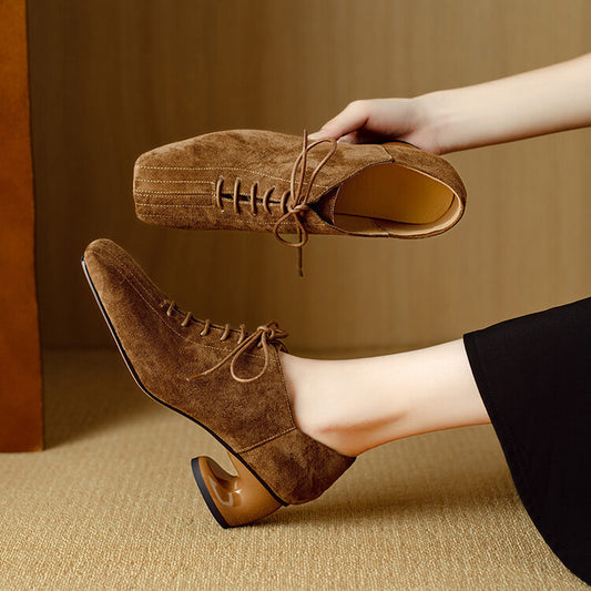 Sarah Express Women's Retro Sheepskin Chunky Heel Square Toe Pumps | Lace-Up Mid Heel Shoes